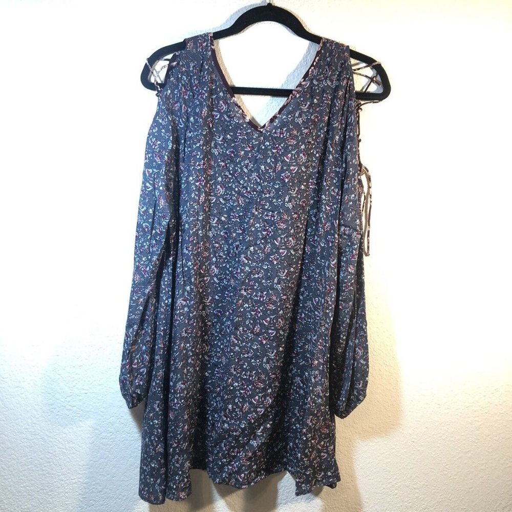 NWT Hem & Thread Floral Lace Up Cold Shoulder Dress Olive Large Boho Tre…